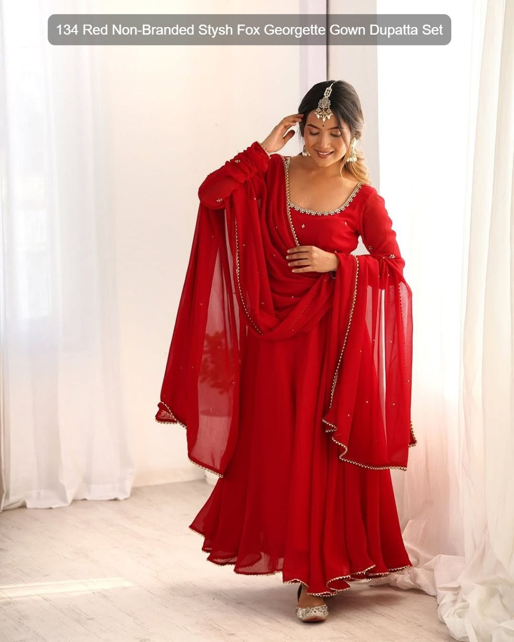 134 Red Non-Branded Stysh Fox Georgette Gown Dupatta Set