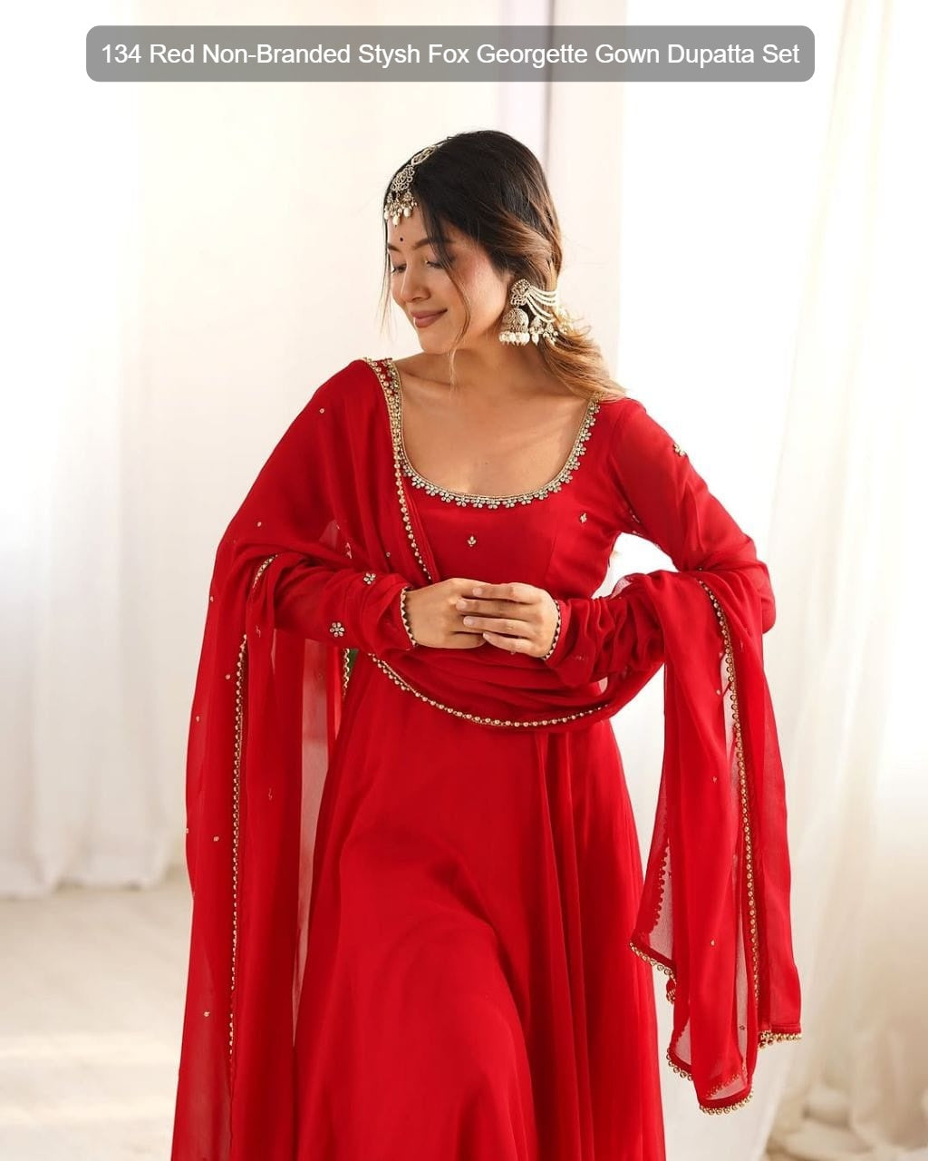 134 Red Non-Branded Stysh Fox Georgette Gown Dupatta Set