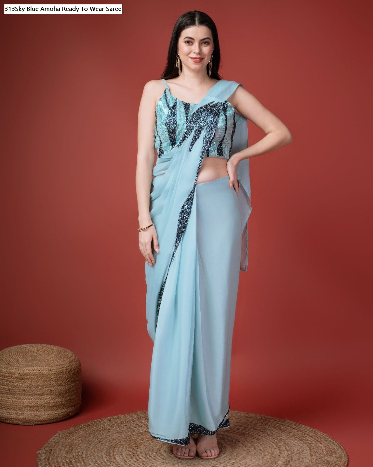 313Sky Blue Amoha Ready To Wear Saree