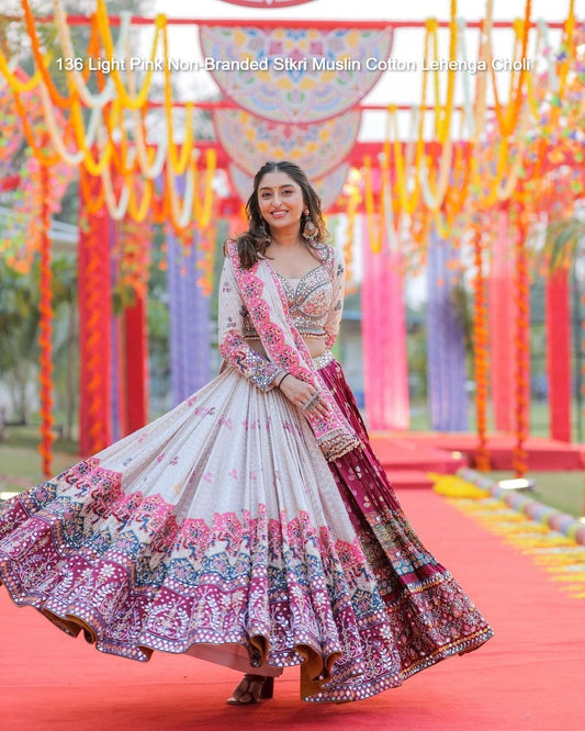136 Light Pink Non-Branded Stkri Muslin Cotton Lehenga Choli