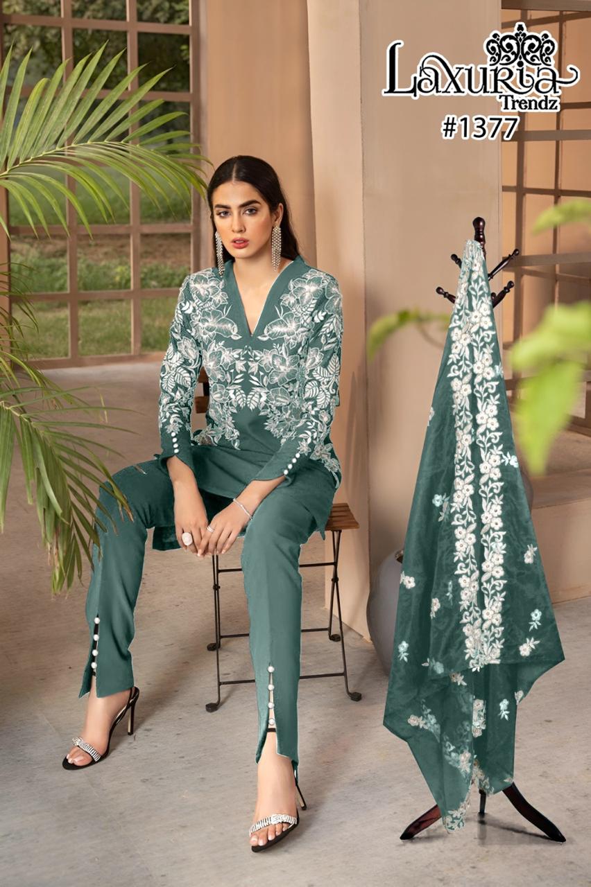1377 Moss Green Laxuria Trendz Faux Georgette Pakistani Readymade Suits