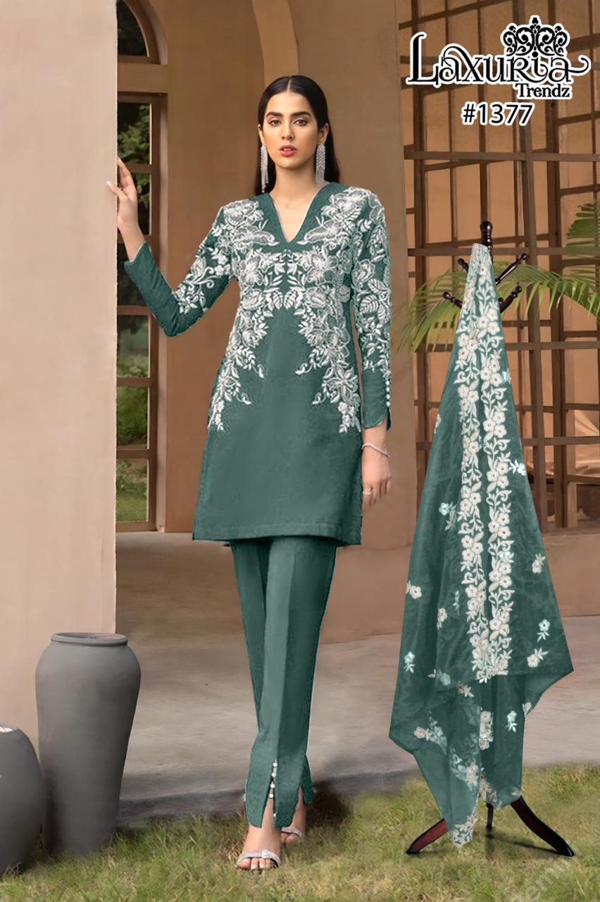 1377 Moss Green Laxuria Trendz Faux Georgette Pakistani Readymade Suits