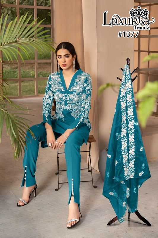 1377 Teal Laxuria Trendz Faux Georgette Pakistani Readymade Suits
