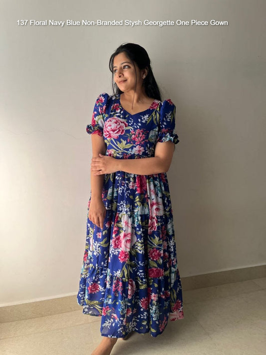 137 Floral Navy Blue Non-Branded Stysh Georgette One Piece Gown