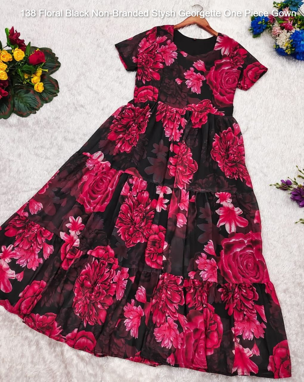 138 Floral Black Non-Branded Stysh Georgette One Piece Gown
