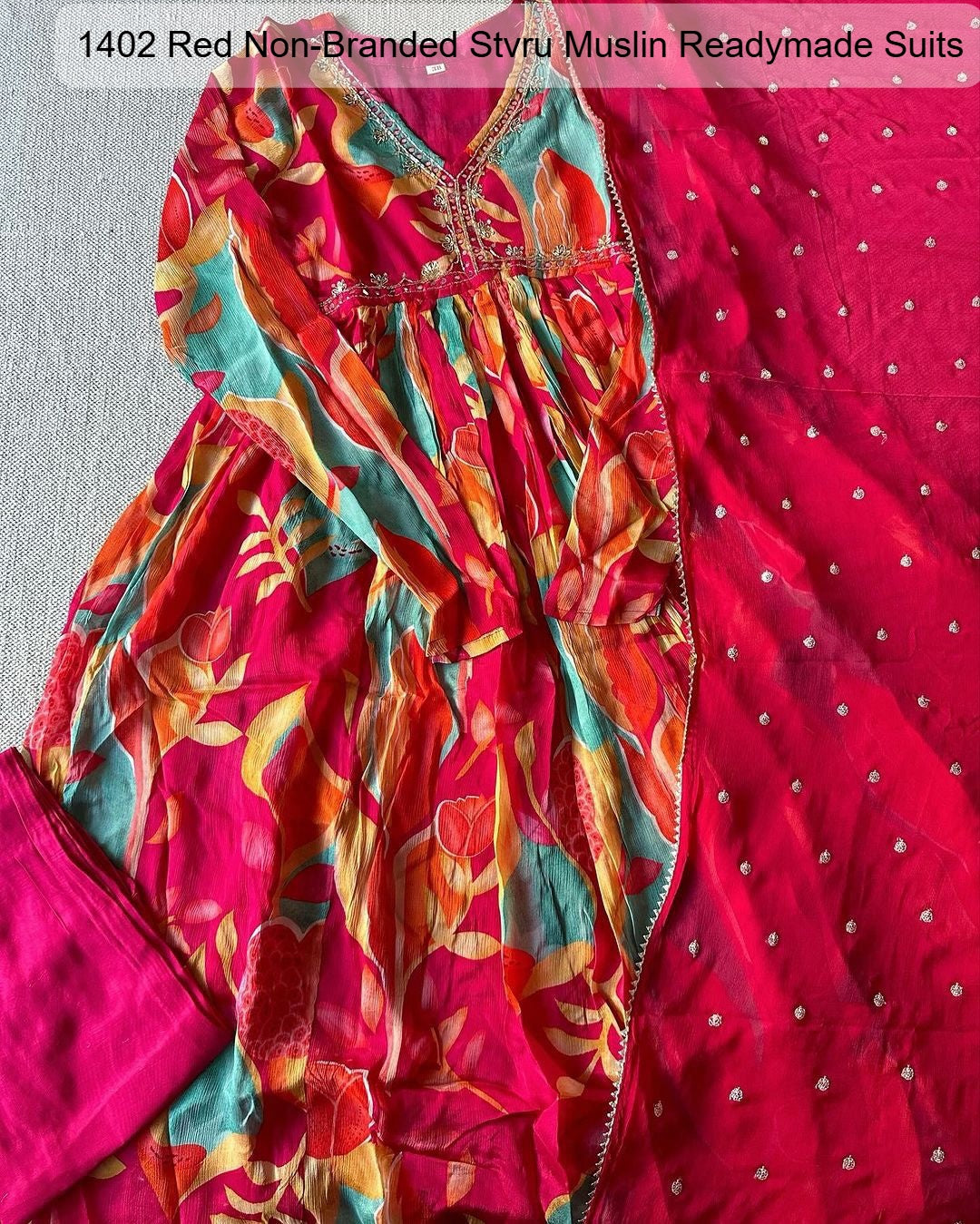 1402 Red Non-Branded Stvru Muslin Readymade Suits