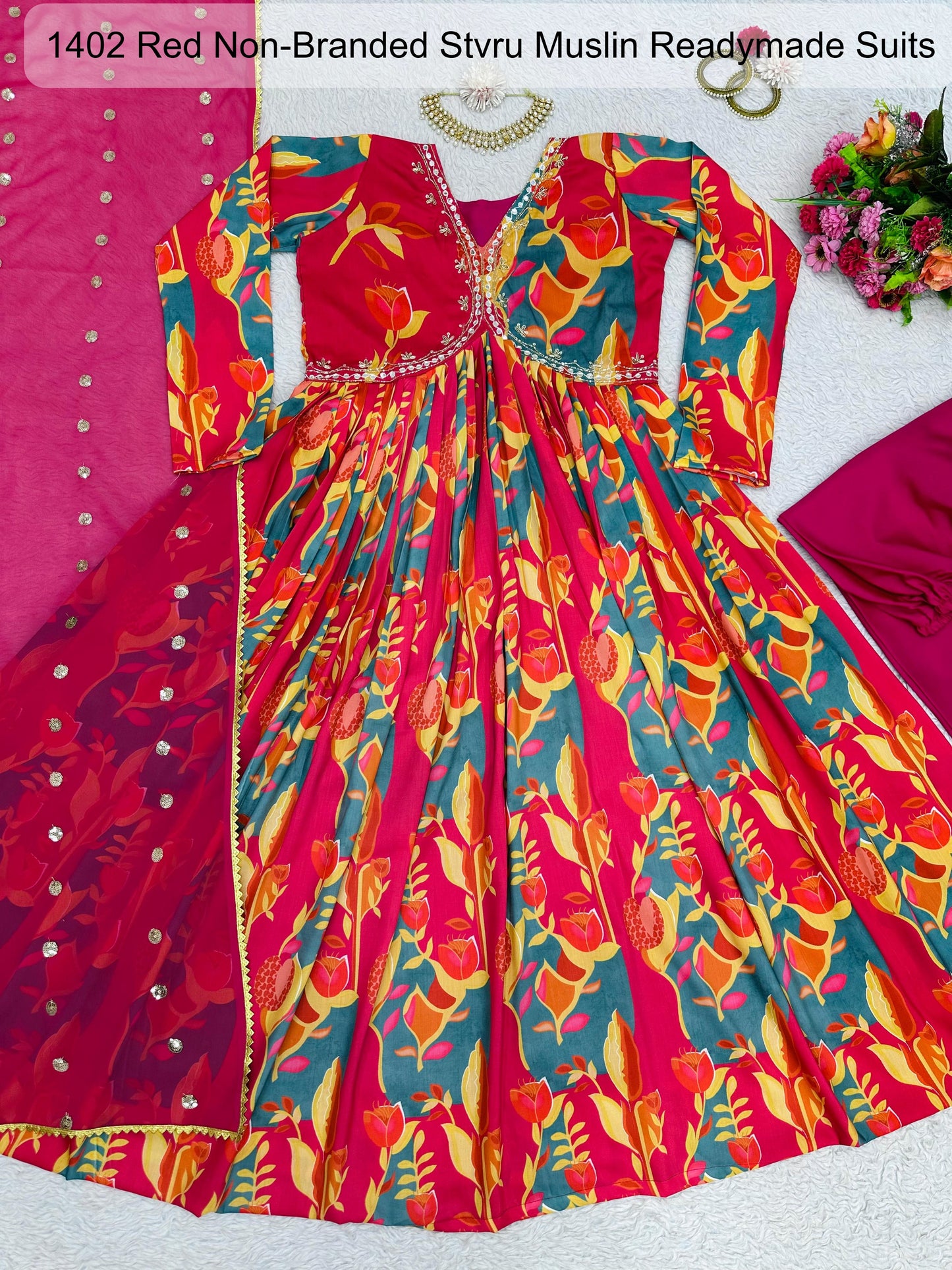 1402 Red Non-Branded Stvru Muslin Readymade Suits