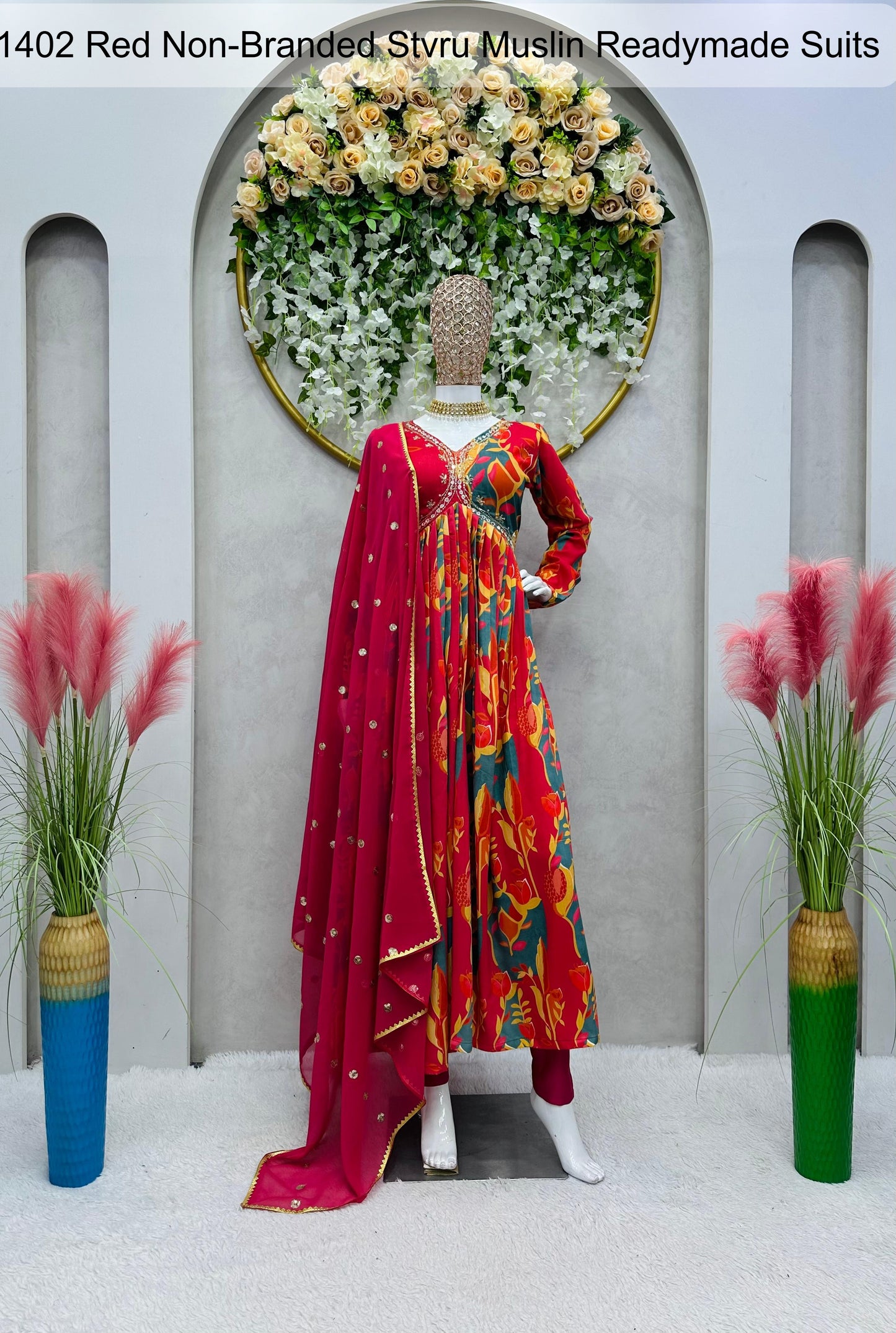 1402 Red Non-Branded Stvru Muslin Readymade Suits