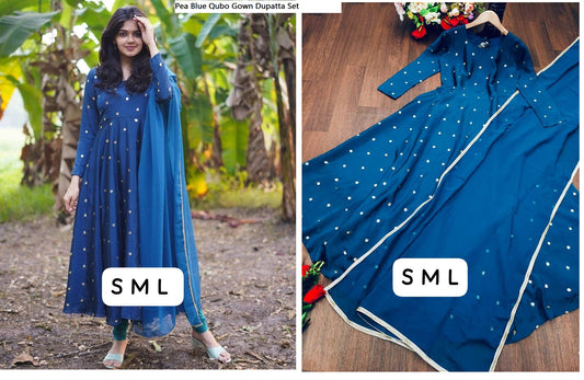 Pea Blue Qubo Gown Dupatta Set