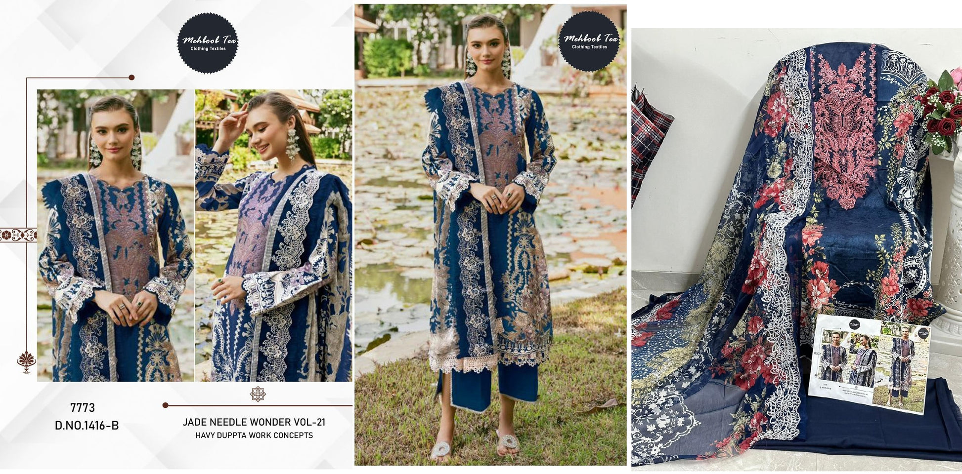 1416B Jade Needle Wonder Vol 21 Mehboob Tex Pakistani Patch Suits