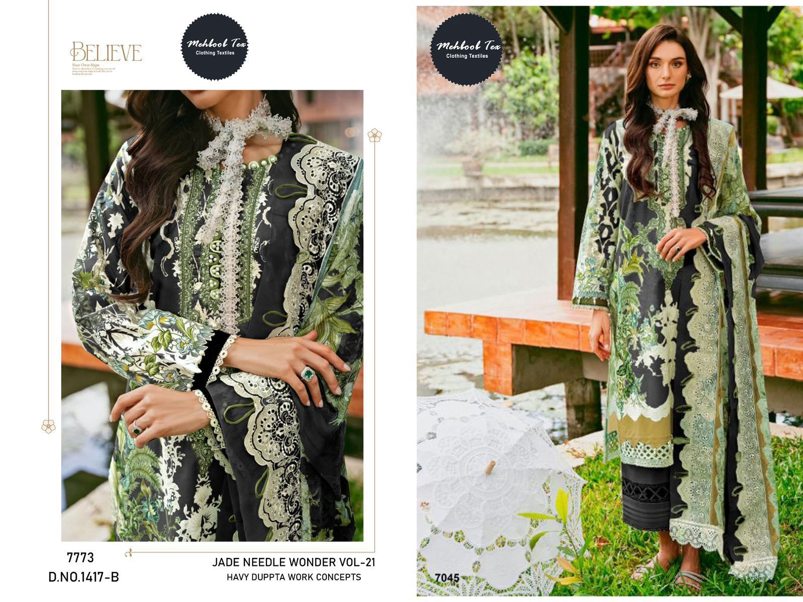 1417B Jade Needle Wonder 21 Mehboob Tex Embroidery Pakistani Patch Suits