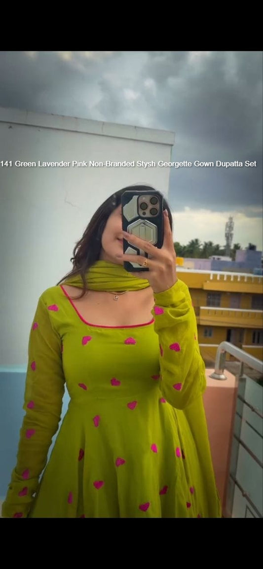 141 Green Lavender Pink Non-Branded Stysh Georgette Gown Dupatta Set