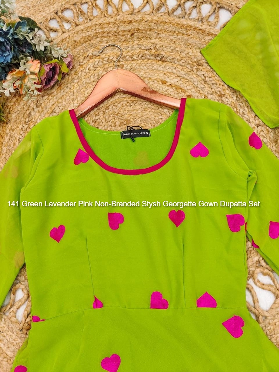 141 Green Lavender Pink Non-Branded Stysh Georgette Gown Dupatta Set