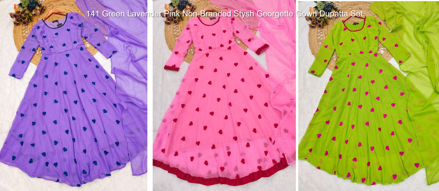 141 Green Lavender Pink Non-Branded Stysh Georgette Gown Dupatta Set