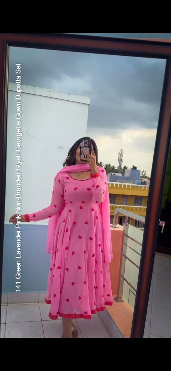 141 Green Lavender Pink Non-Branded Stysh Georgette Gown Dupatta Set