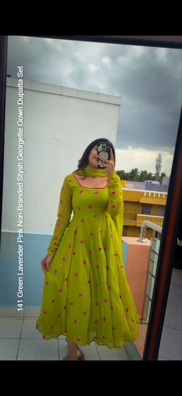 141 Green Lavender Pink Non-Branded Stysh Georgette Gown Dupatta Set