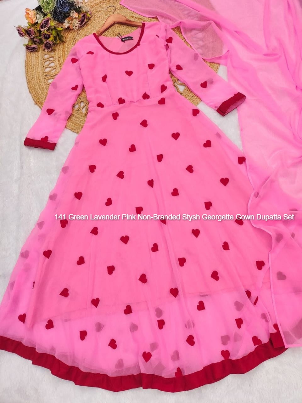 141 Green Lavender Pink Non-Branded Stysh Georgette Gown Dupatta Set
