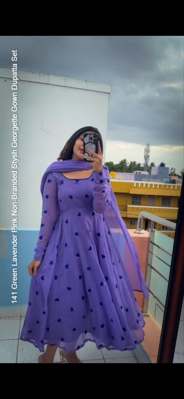 141 Green Lavender Pink Non-Branded Stysh Georgette Gown Dupatta Set