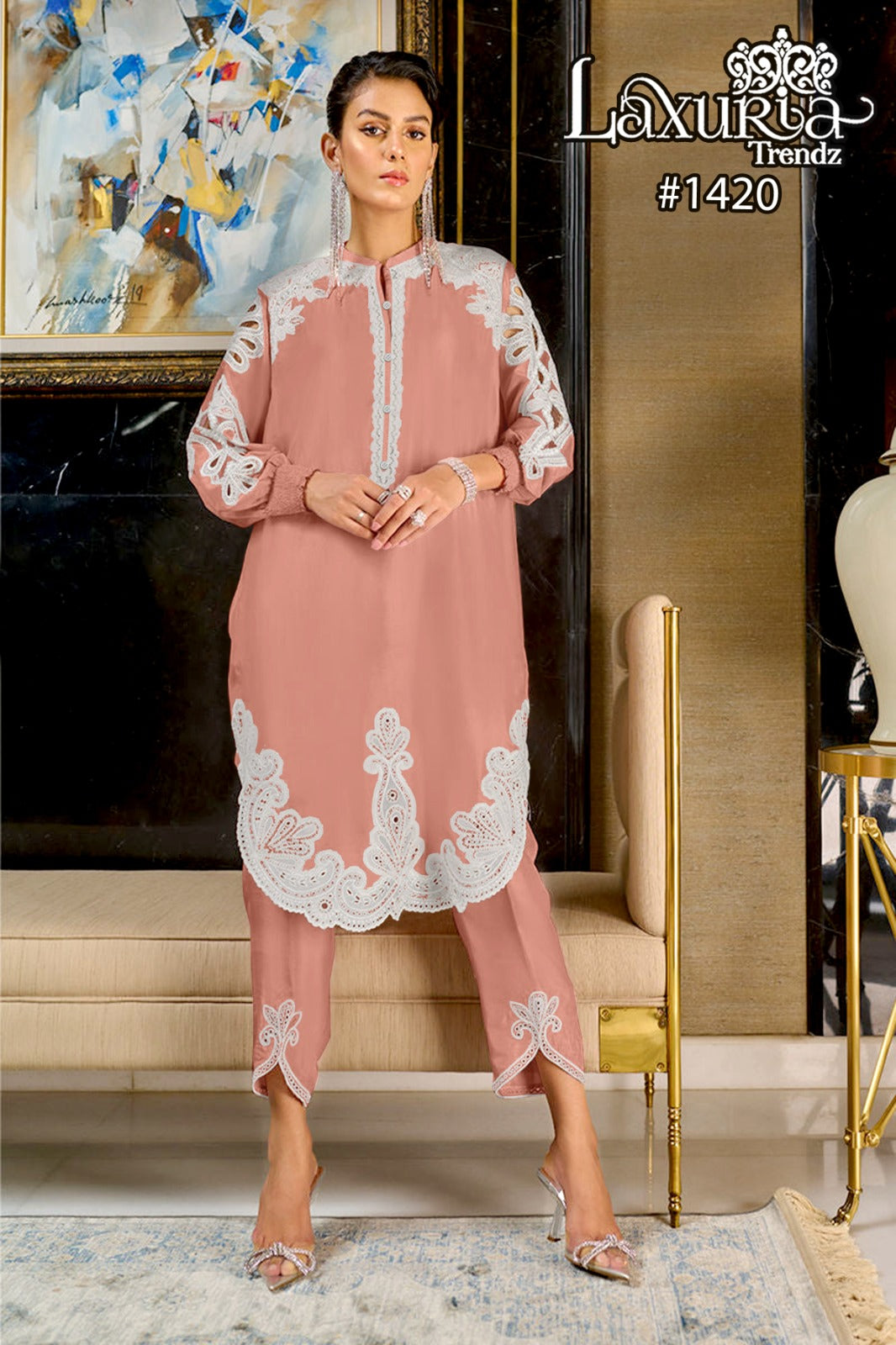 1420 Peach Laxuria Trendz Embroidery Co Ord Set