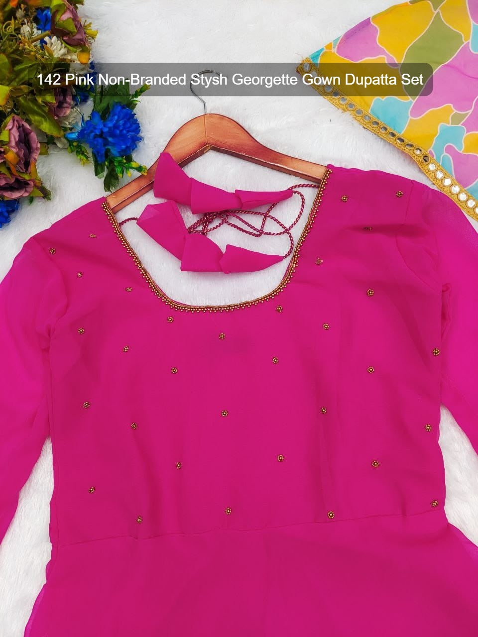 142 Pink Non-Branded Stysh Georgette Gown Dupatta Set