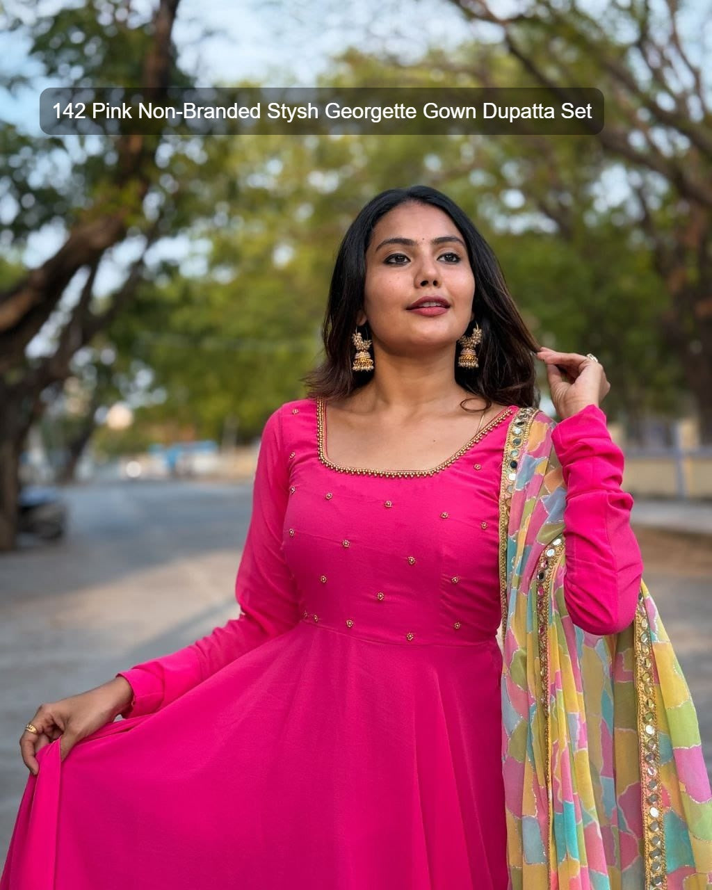 142 Pink Non-Branded Stysh Georgette Gown Dupatta Set