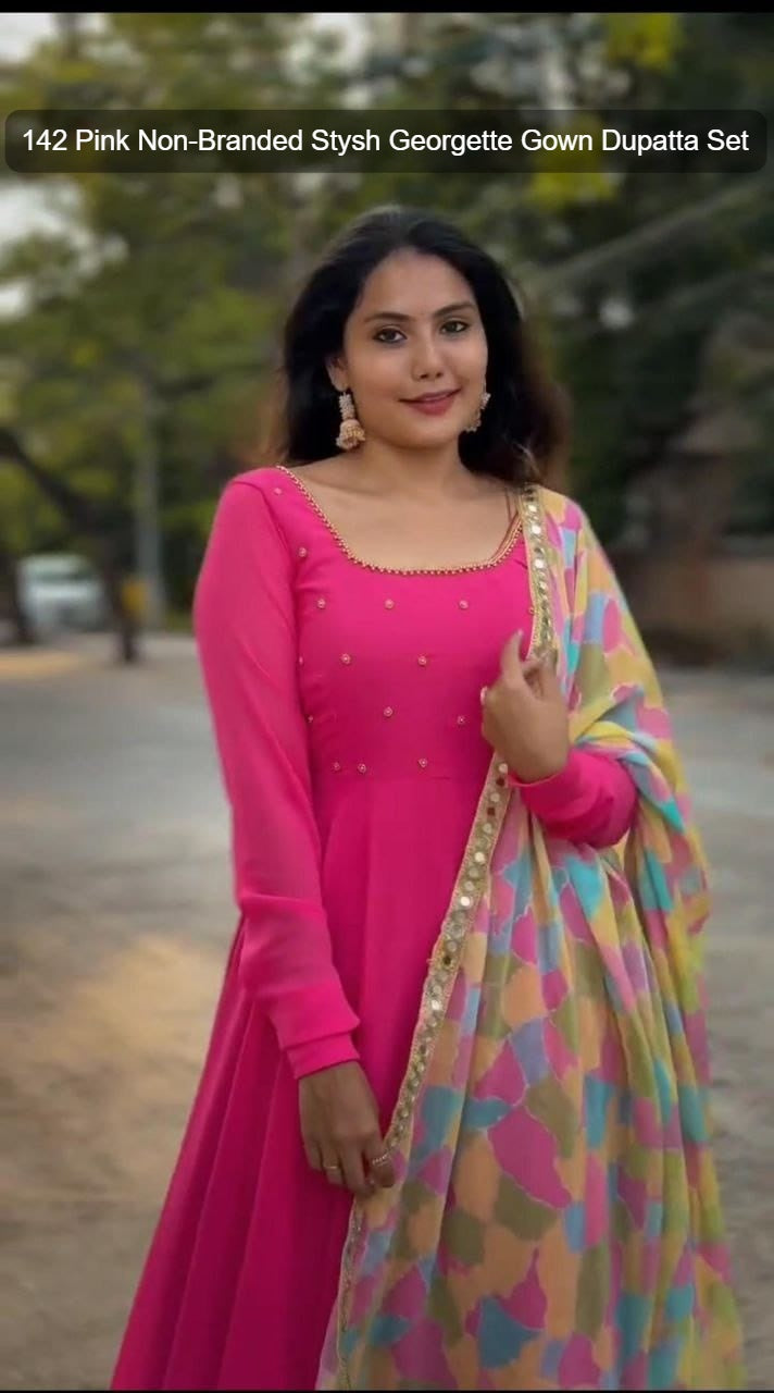 142 Pink Non-Branded Stysh Georgette Gown Dupatta Set