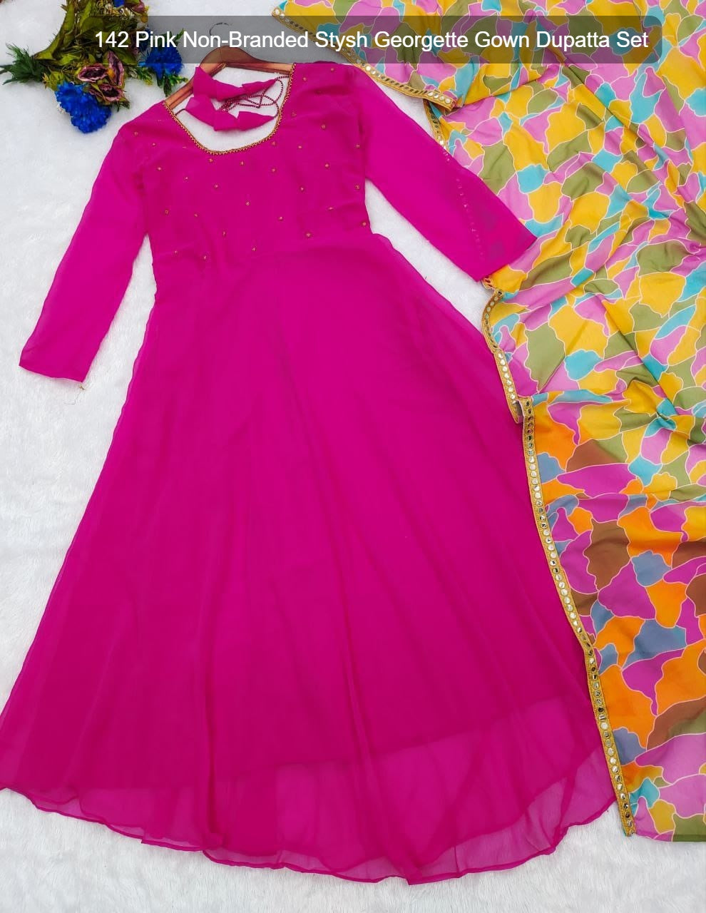 142 Pink Non-Branded Stysh Georgette Gown Dupatta Set