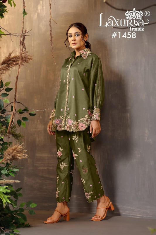 1458 Mehndi Laxuria Trendz Embroidery Co Ord Set