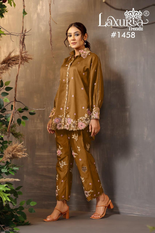1458 Yellow Laxuria Trendz Embroidery Co Ord Set