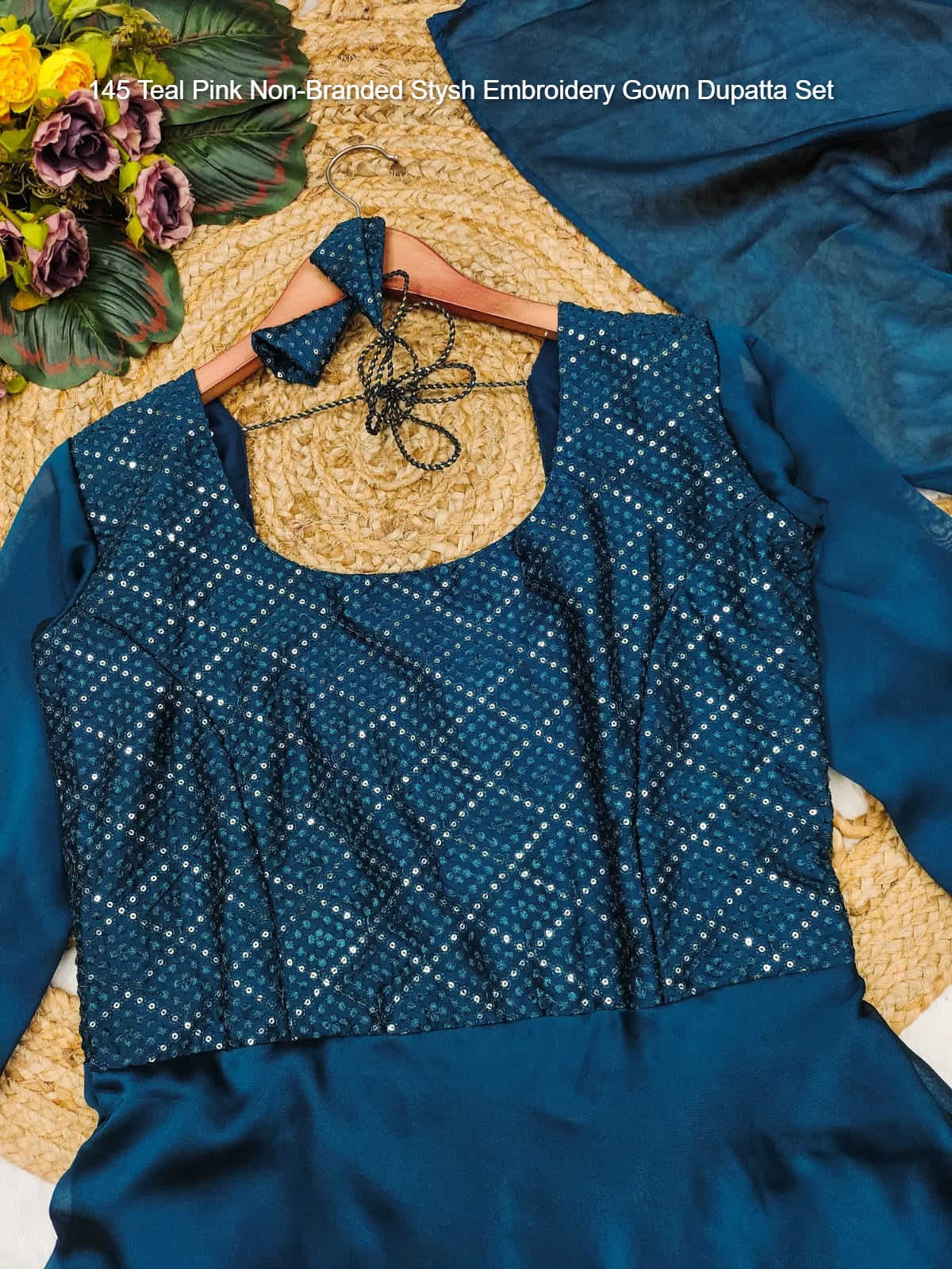 145 Teal Pink Non-Branded Stysh Embroidery Gown Dupatta Set