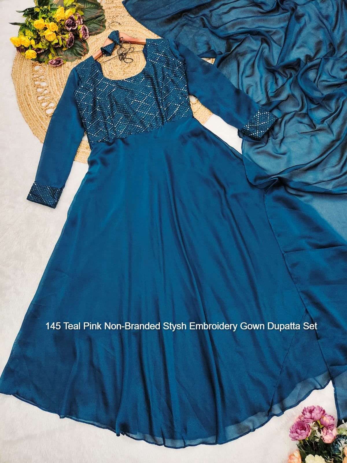 145 Teal Pink Non-Branded Stysh Embroidery Gown Dupatta Set
