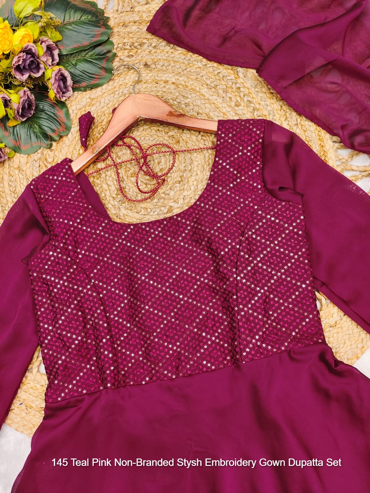 145 Teal Pink Non-Branded Stysh Embroidery Gown Dupatta Set