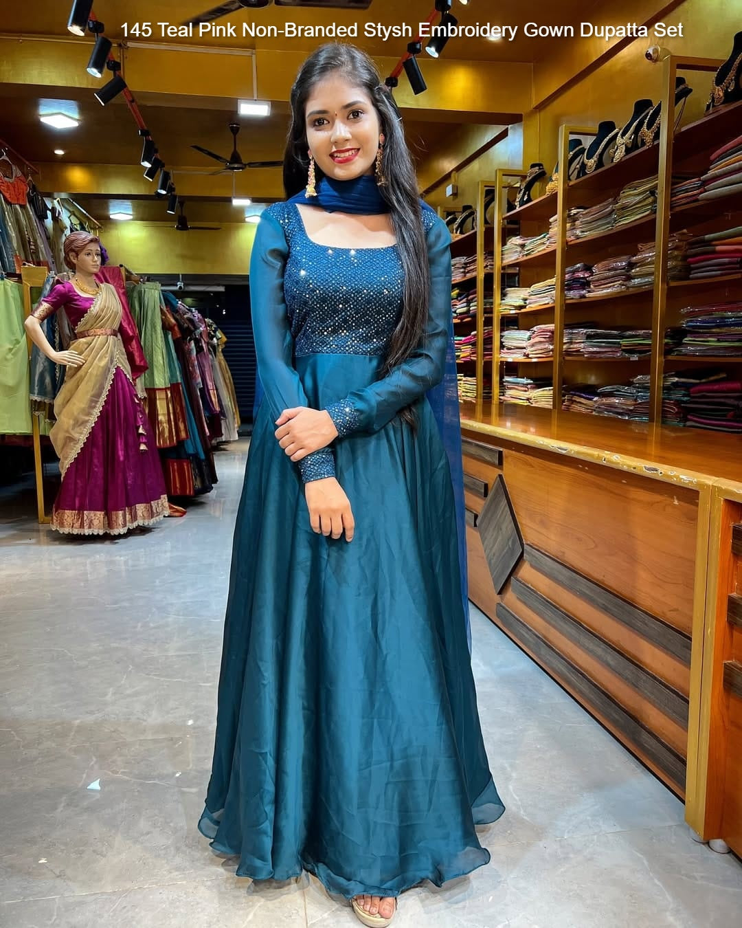145 Teal Pink Non-Branded Stysh Embroidery Gown Dupatta Set
