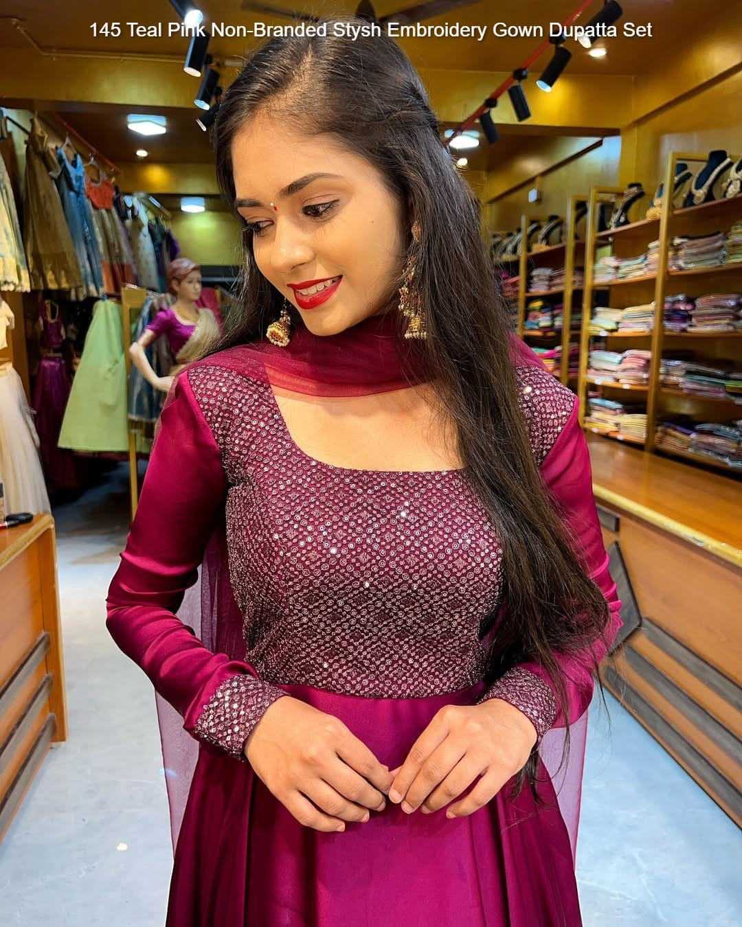 145 Teal Pink Non-Branded Stysh Embroidery Gown Dupatta Set