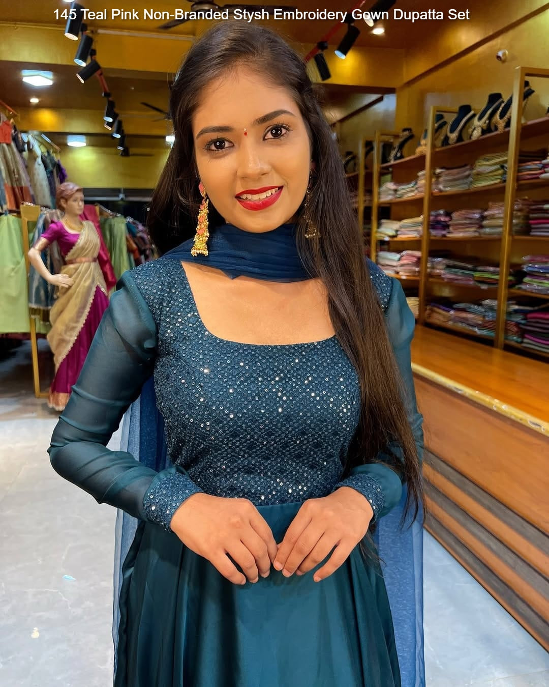 145 Teal Pink Non-Branded Stysh Embroidery Gown Dupatta Set