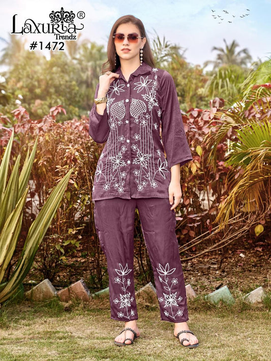 1472 Wine Laxuria Trendz Cutwork Co Ord Set