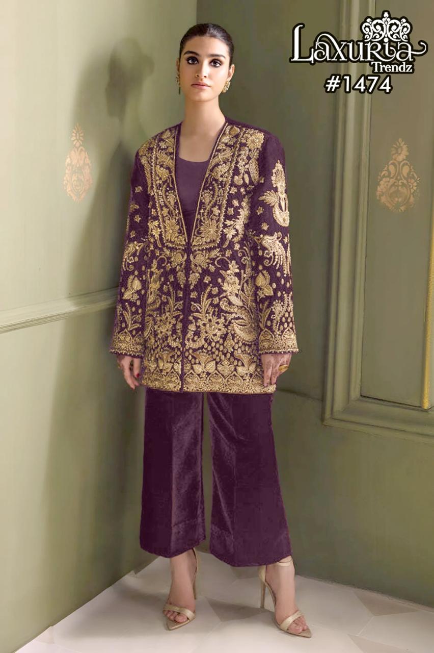 1474 Wine Laxuria Trendz Embroidery Co Ord Set