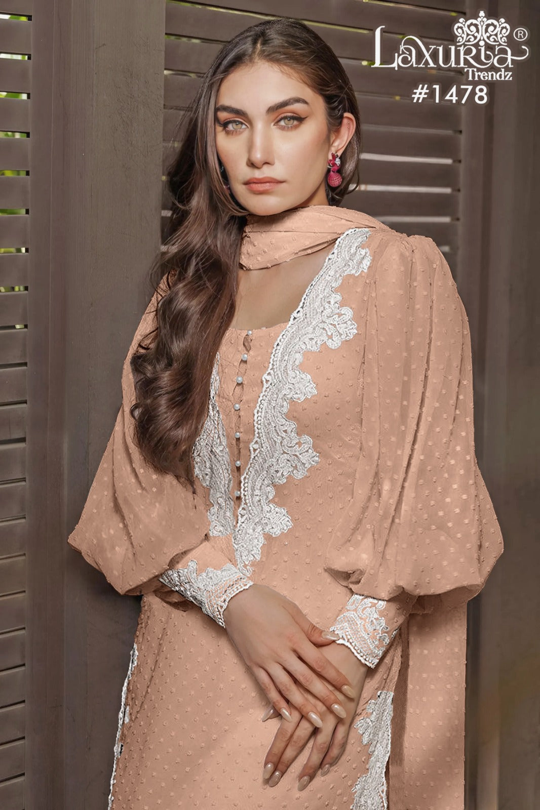 1478 Peach Laxuria Trendz Marbel Chiffon Pakistani Readymade Suits