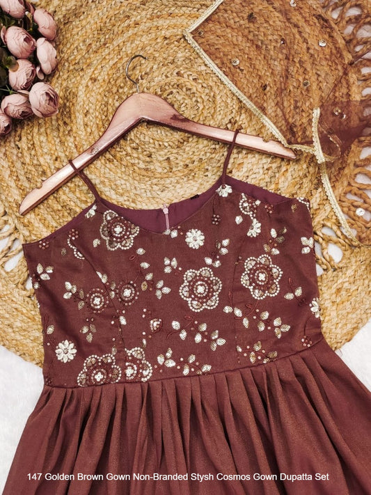 147 Golden Brown Gown Non-Branded Stysh Cosmos Gown Dupatta Set