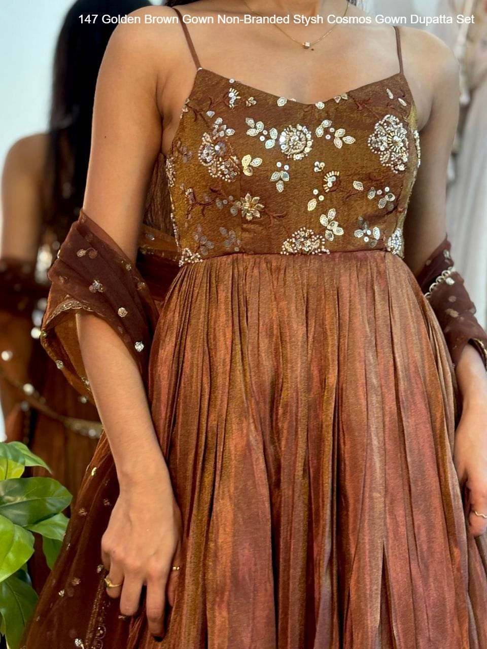 147 Golden Brown Gown Non-Branded Stysh Cosmos Gown Dupatta Set