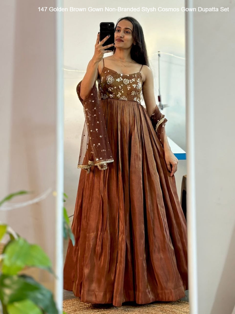 147 Golden Brown Gown Non-Branded Stysh Cosmos Gown Dupatta Set
