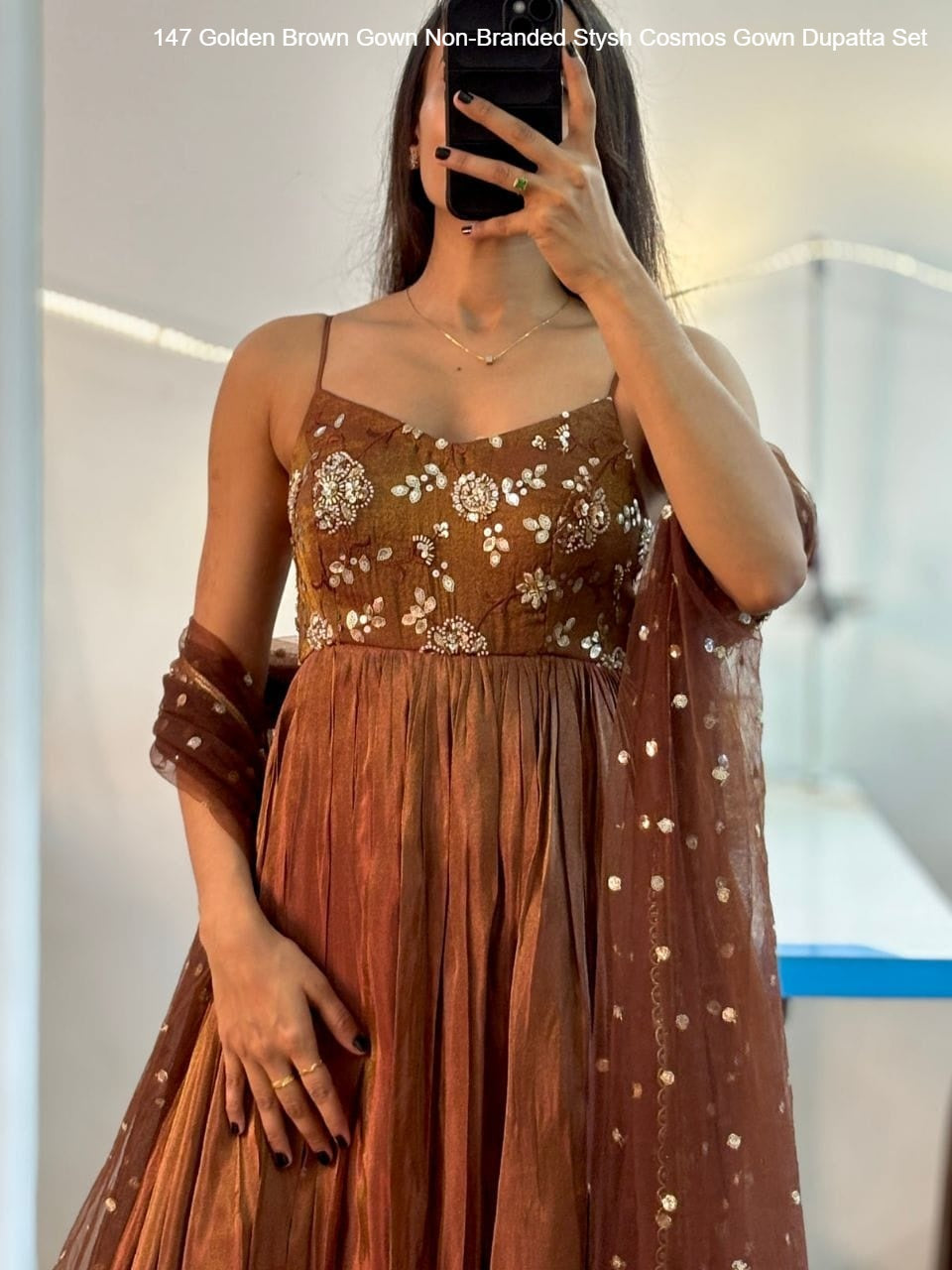 147 Golden Brown Gown Non-Branded Stysh Cosmos Gown Dupatta Set
