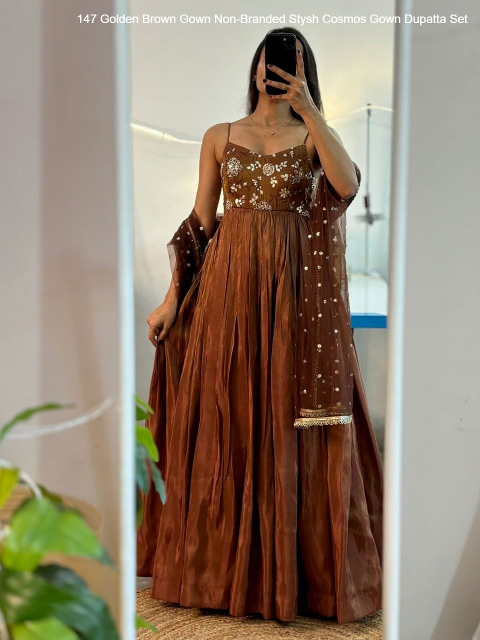 147 Golden Brown Gown Non-Branded Stysh Cosmos Gown Dupatta Set