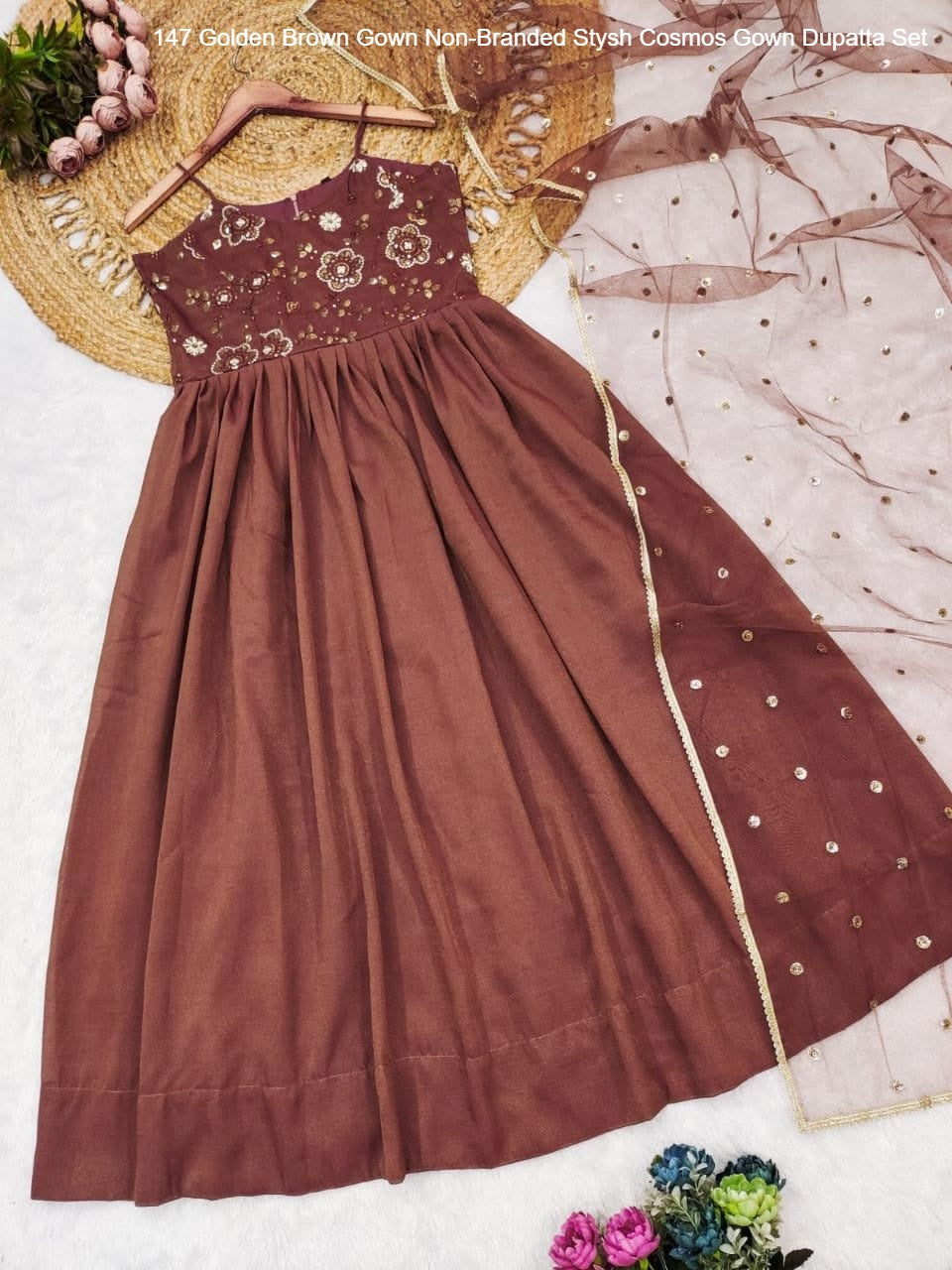 147 Golden Brown Gown Non-Branded Stysh Cosmos Gown Dupatta Set