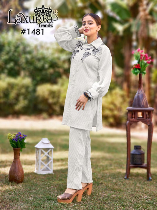 1481 White Laxuria Trendz Handwork Co Ord Set