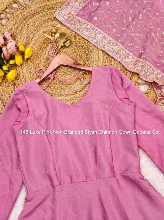 148 Luxe Pink Non-Branded Stysh Chinnon Gown Dupatta Set