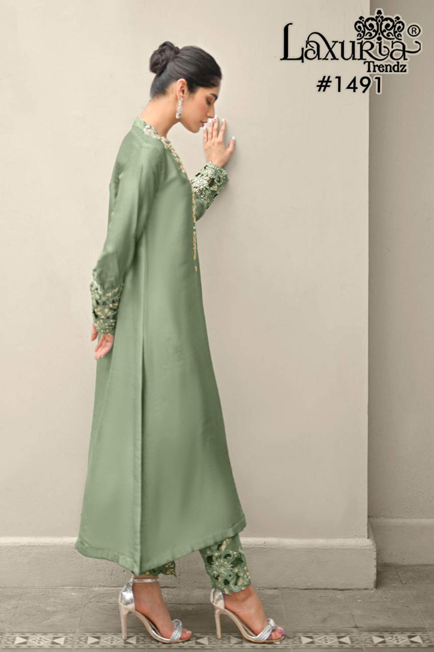 1491 Dusty Green Laxuria Trendz Satin Pakistani Readymade Suits