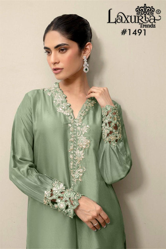 1491 Dusty Green Laxuria Trendz Satin Pakistani Readymade Suits