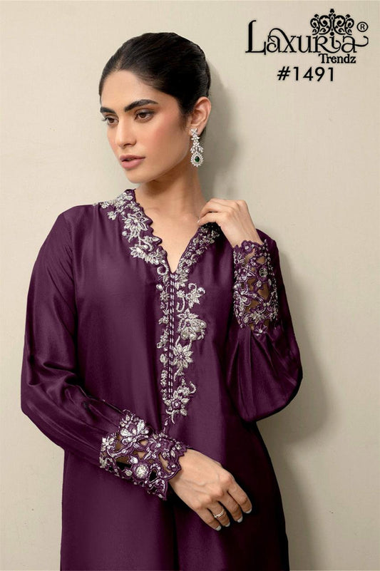 1491 Wine Laxuria Trendz Satin Pakistani Readymade Suits