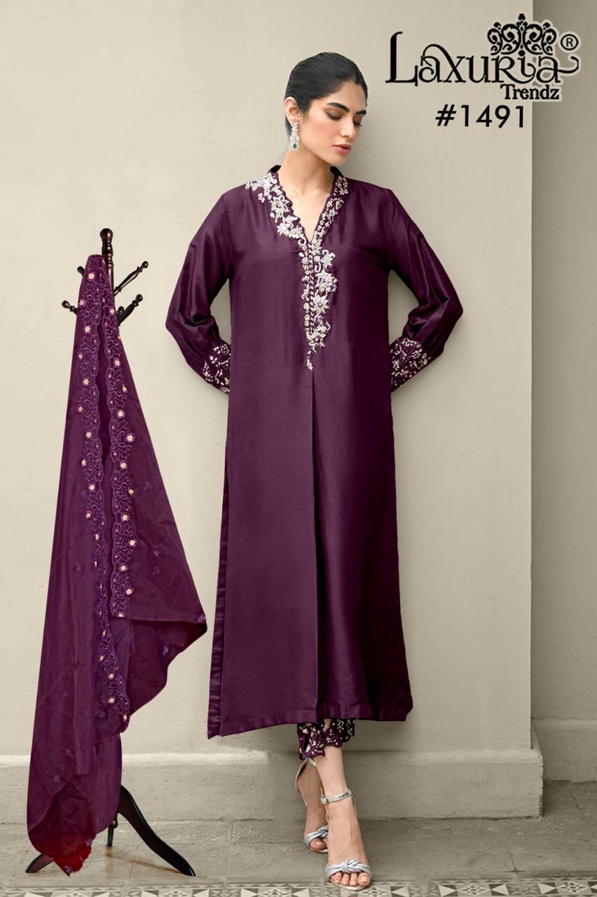 1491 Wine Laxuria Trendz Satin Pakistani Readymade Suits